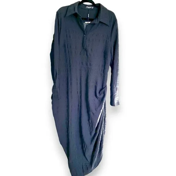 PrettyLittleThing Black Textured Ruched Side Midi Shirt Dress Size 14 - NWT - Picture 2 of 7